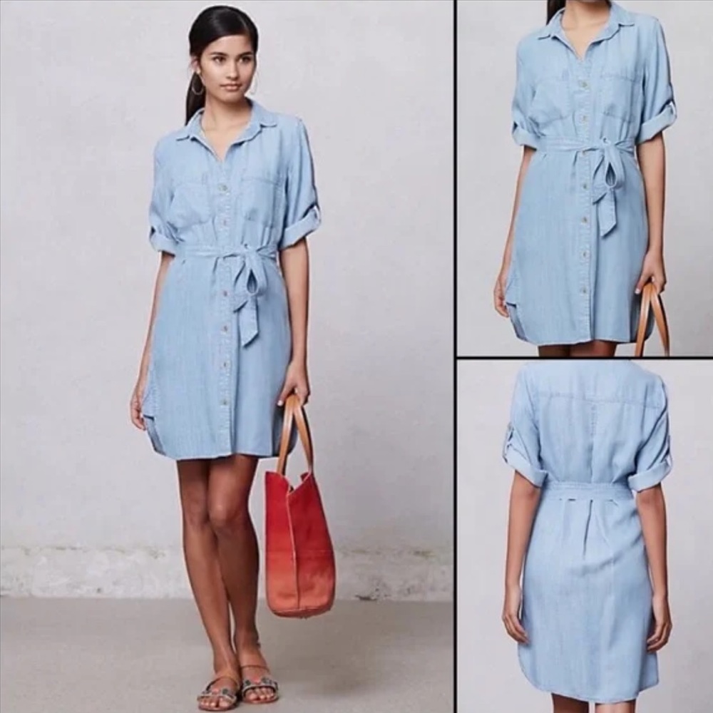 Anthropologie Cloth & Stone Chambray Shirt Dress Button Down Tencel Tie …